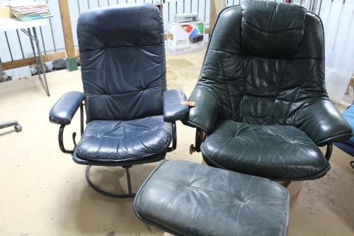 2- SWIVEL RECLINERS - 1 BLUE, 1 GREEN W/FOOT STOOL