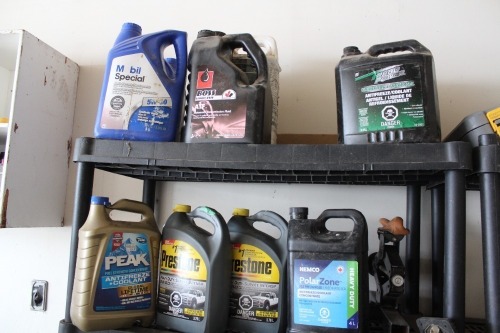 2 - 5W30 SYNTHETIC OIL, PART JUG OF 15W40, FULL JUG OF ATF, 4 1/2 JUGS ANTI FREEZE