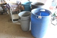 3 - PLASTIC BARRELS, 2 - GARBAGE CANS, 4 - LAWN CHAIRS