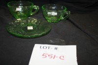 2 depression glass "block optic" cups & 1 saucer