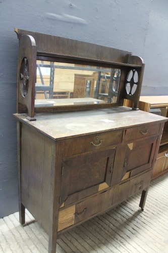 ANTIQUE OAK HUTCH W/ BEVELED GLASS MIRROR