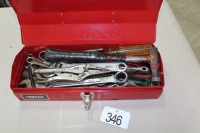 ASSORTED WRENCHES, VICE GRIPS, PLIERS, CRESCENTS, TOOL BOX