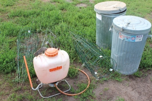 TOMATO CAGES, BACK PACK SPRAYER, 2 GARBAGE CANS