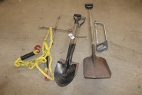 SHOVELS, SAW, TOW ROPE