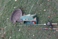 2 - FISHING RODS, TACKE BOX, VINTAGE TRACTOR SEAT