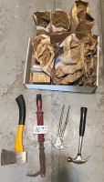 ASSORTMENT OF TOOLS, NAILS, SCREWS