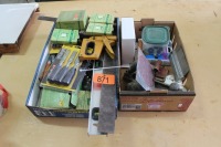 LARGE ASSORTMENT OF SHOP TOOLS - STAPLERS, LEVELS, CHISELS, SQUARES
