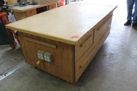 6' X 3 1/2' SHOP TABLE W/ 3 DRAWERS, OUTLETS ON CASTORS