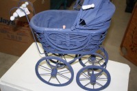 small doll carriage w/ metal wheels & 2 dolls