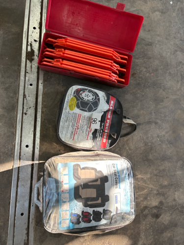 Car seat covers, tire chain, emergency reflectors