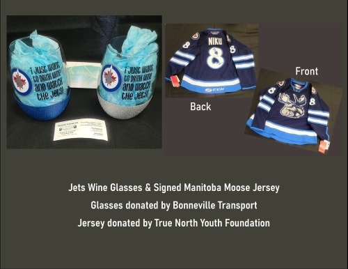 Jets Wine Glasses & Signed Manitoba Moose Jersey
