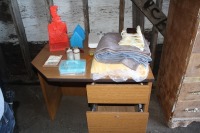 small computer desk, blankets, DR Seuss book holder, ornaments