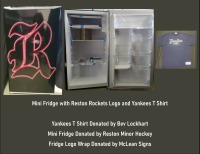 Mini fridge with Reston Rockets logo & Yankees tee shirt