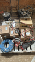 Assortment of grease, cleaner, hose, shop tools