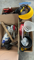 Assortment of funnels filter wrenches grease gun etc
