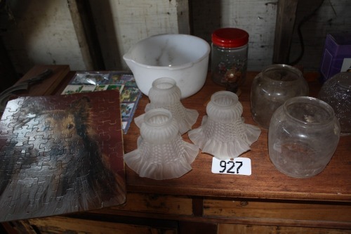 Assortment of lampshades, puzzles etc.