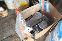 box of sandpaper, grinding discs, mudflaps, handles