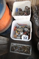 3 containers of pipe fittings, valves, brass fittings
