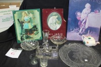 Inkwell, christmas plate, teapot, vase, advertising signs