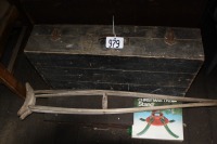2 wooden boxes, metal xmas tree stand, crutches