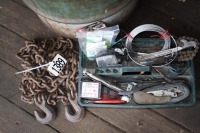 tie downs, logging chain, filter wrench