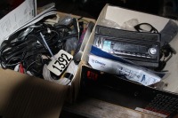 car stereo, safety glasses, phone cords & chargers