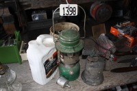 brass torch, coleman kerosene lamp w/ kerosene