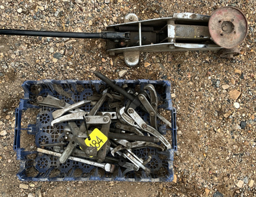 Assorted gear pullers, small floor jack