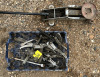 Assorted gear pullers, small floor jack