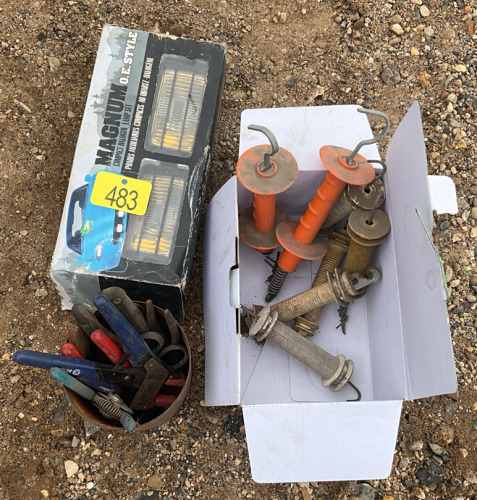 Assorted pliers, electric fence handles, auxiliary lights