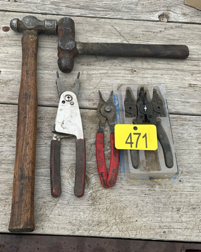 Two hammers and assorted snap ring pliers