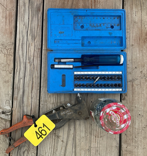 Hand riveter, rivets, and screwdriver set