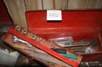 metal toolbox w/ wrenches, hammer, screwdrivers