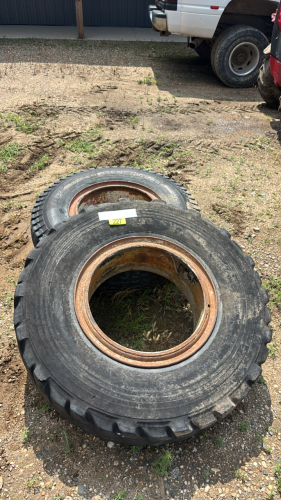 2 used tires on rims 10.00-20, 11.00-20 XR