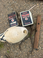 Decoys, oil cans, ice tongs