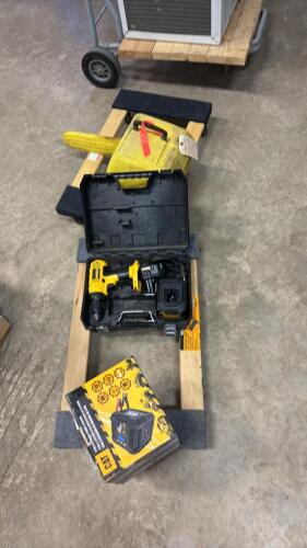 2 dollys, battery charger, chainsaw, DeWalt drill with battery and charger