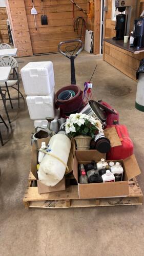 Assorted planters, sprayer, jerry cans, coolers