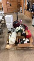 Assorted planters, sprayer, jerry cans, coolers
