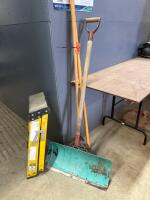 Snow shovel, rake, hoe and step ladder