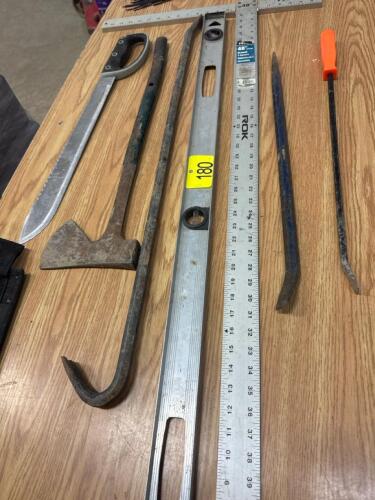 Straight edge, level, pry bars saw hatchet