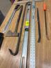 Straight edge, level, pry bars saw hatchet