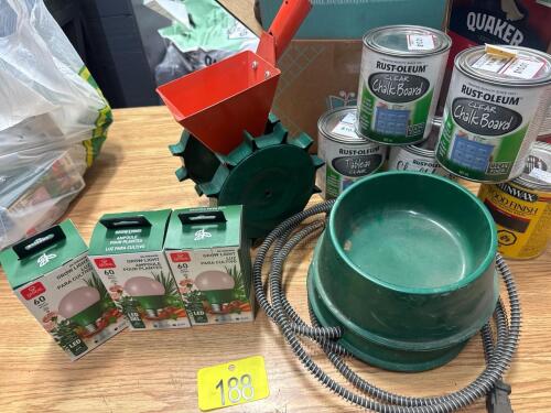 15 Grow bulbs, garden seeder, chalk board paint dog dishes
