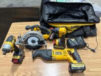 Assortment of Dewalt 20 volt tool kit and 4 batteries plus charger