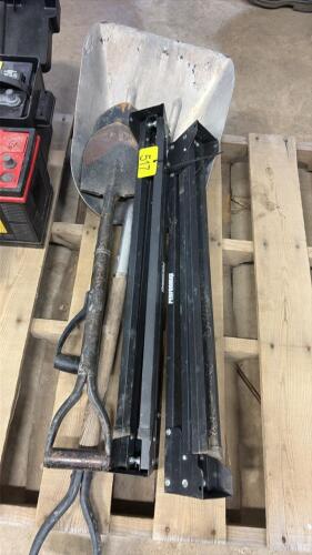 Assorted shovels, foldable saw horses