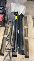 Assorted shovels, foldable saw horses