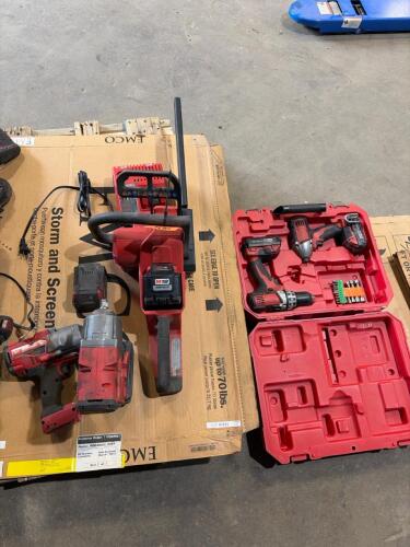 Milwaukee chain saw, 3/4&rdquo; impact wrench and 1/2&rdquo; impact wrench batteries and charger