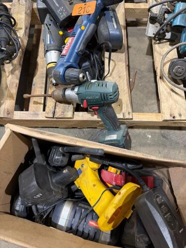 Assortment of battery operated tools and chargers