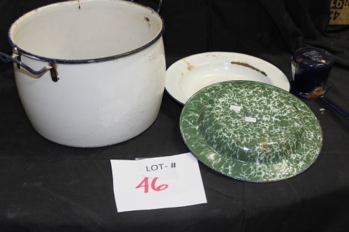 enamel ware pot, dipper, plates