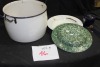 enamel ware pot, dipper, plates