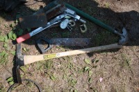 Angle irons, Come-a-Long, Cement trowels, lawn edger,